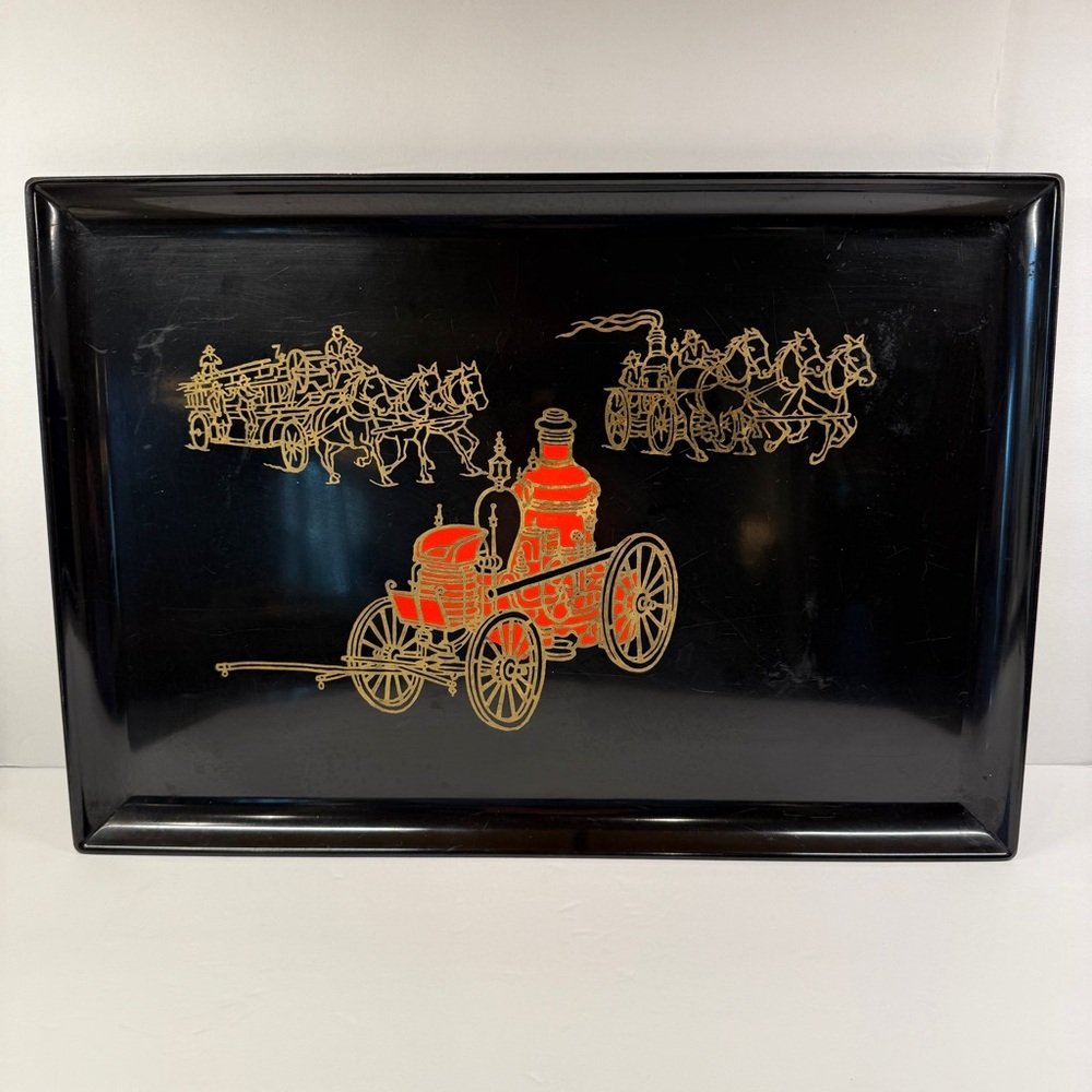 Vintage Couroc of Monterey MCM Horse-Drawn Fire Engine Inlay Large Black Tray